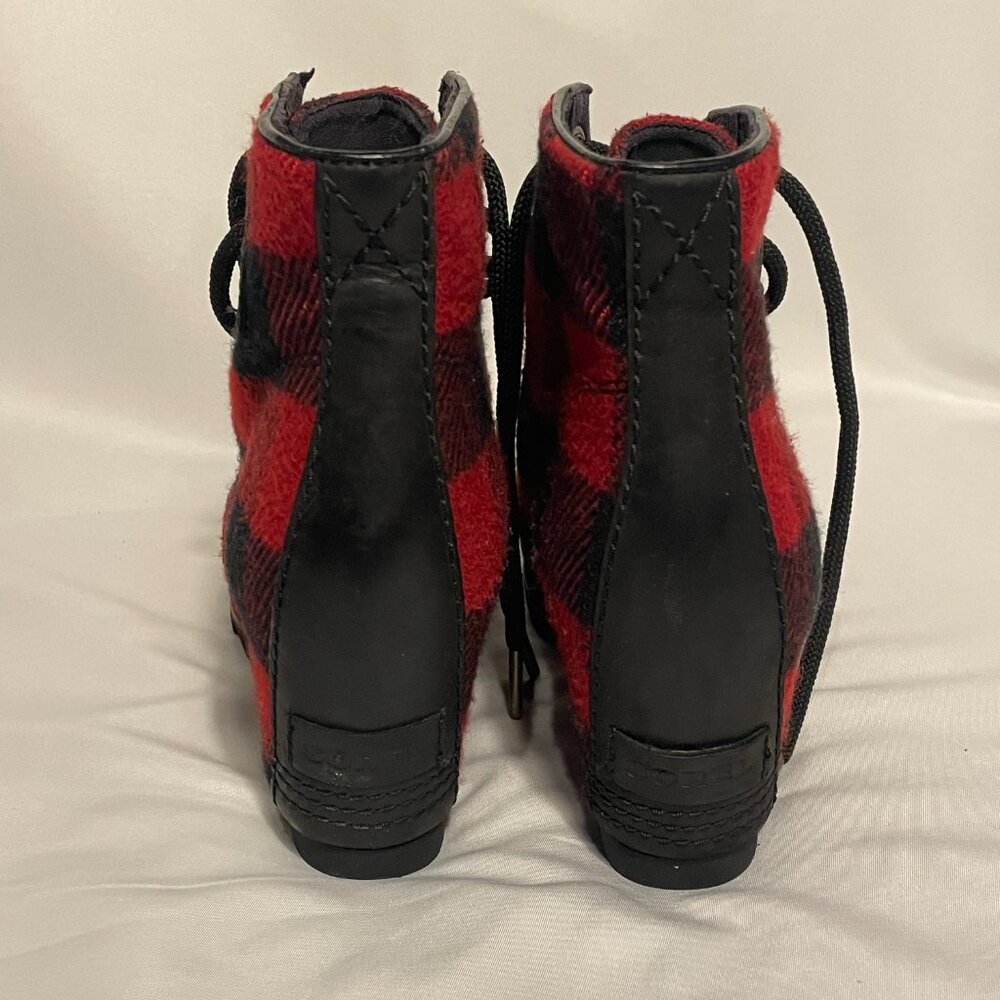 Sorel Lexie Boots Women's 6.5 Hidden Wedge Leather Red Buffalo Plaid Lace Up - Picture 6 of 8